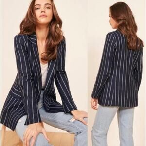 Reformation Navy Verano Striped Oversized Double Breasted Womens Blazer Small